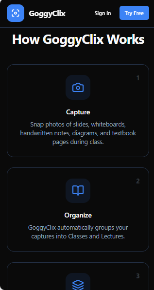 How GoggyClix works — capture slides and notes, organize into classes and lectures, then study