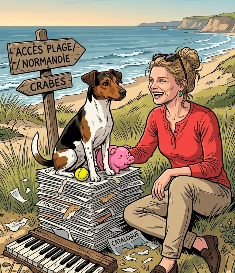 Laurie and her dog Rocky on a Normandy beach, personalized comic cover
