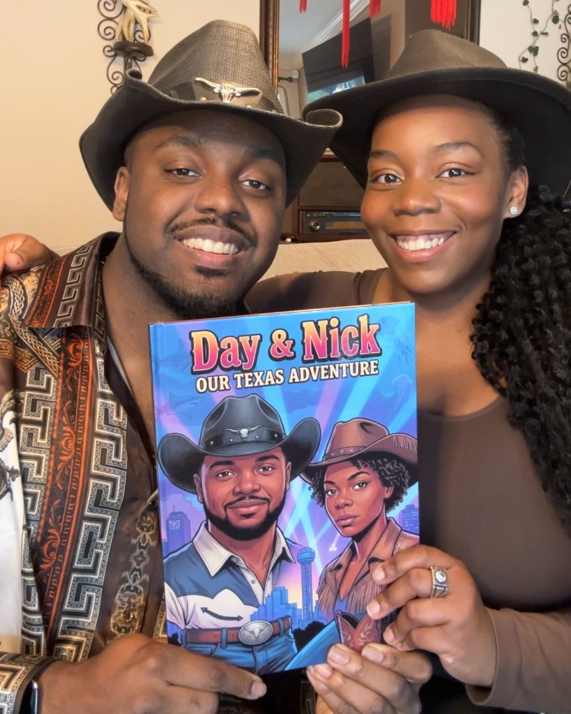 Happy couple holding personalized comic book gift - custom illustrated Texas adventure story