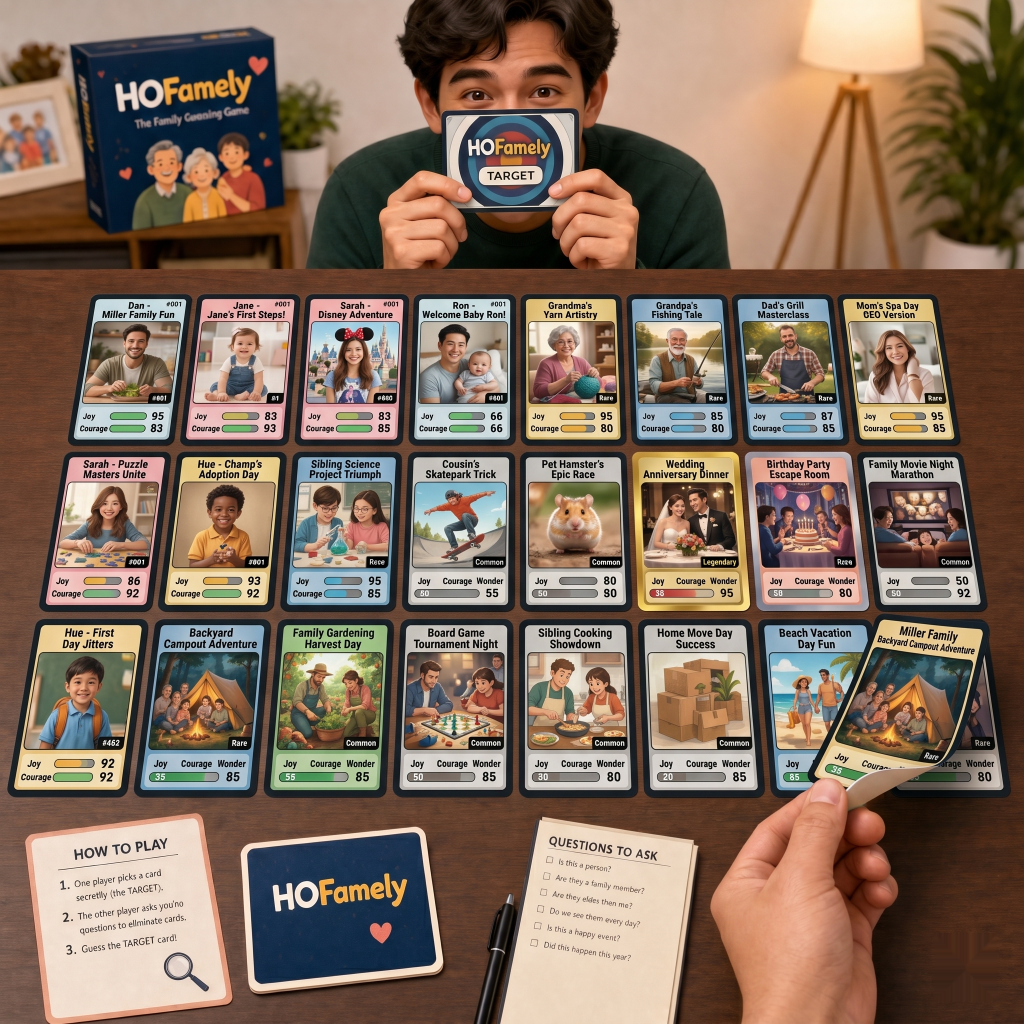 Family Guess Who logic game using HOFamely personalized photo cards