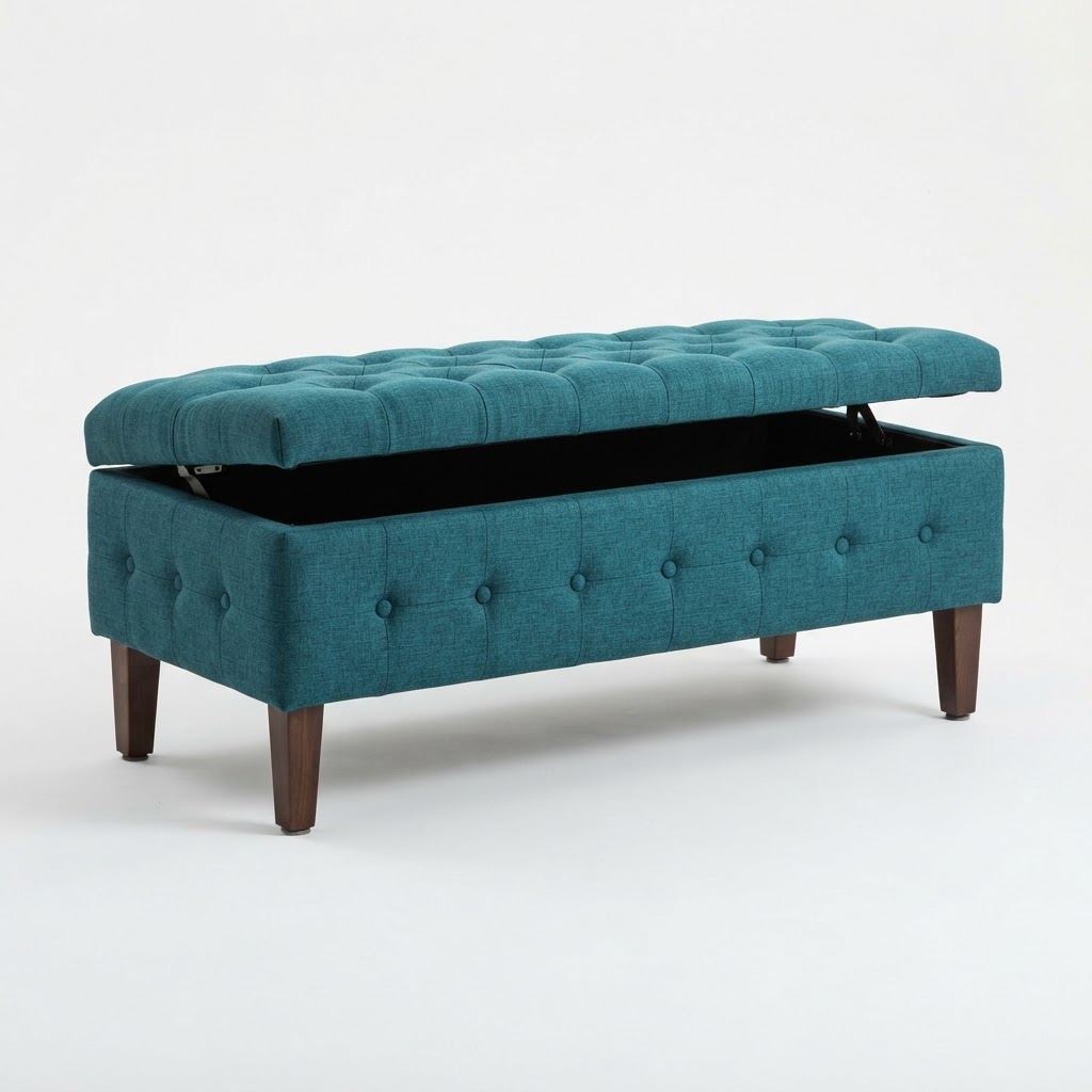 Teal Button Tufted Storage Ottoman Bench