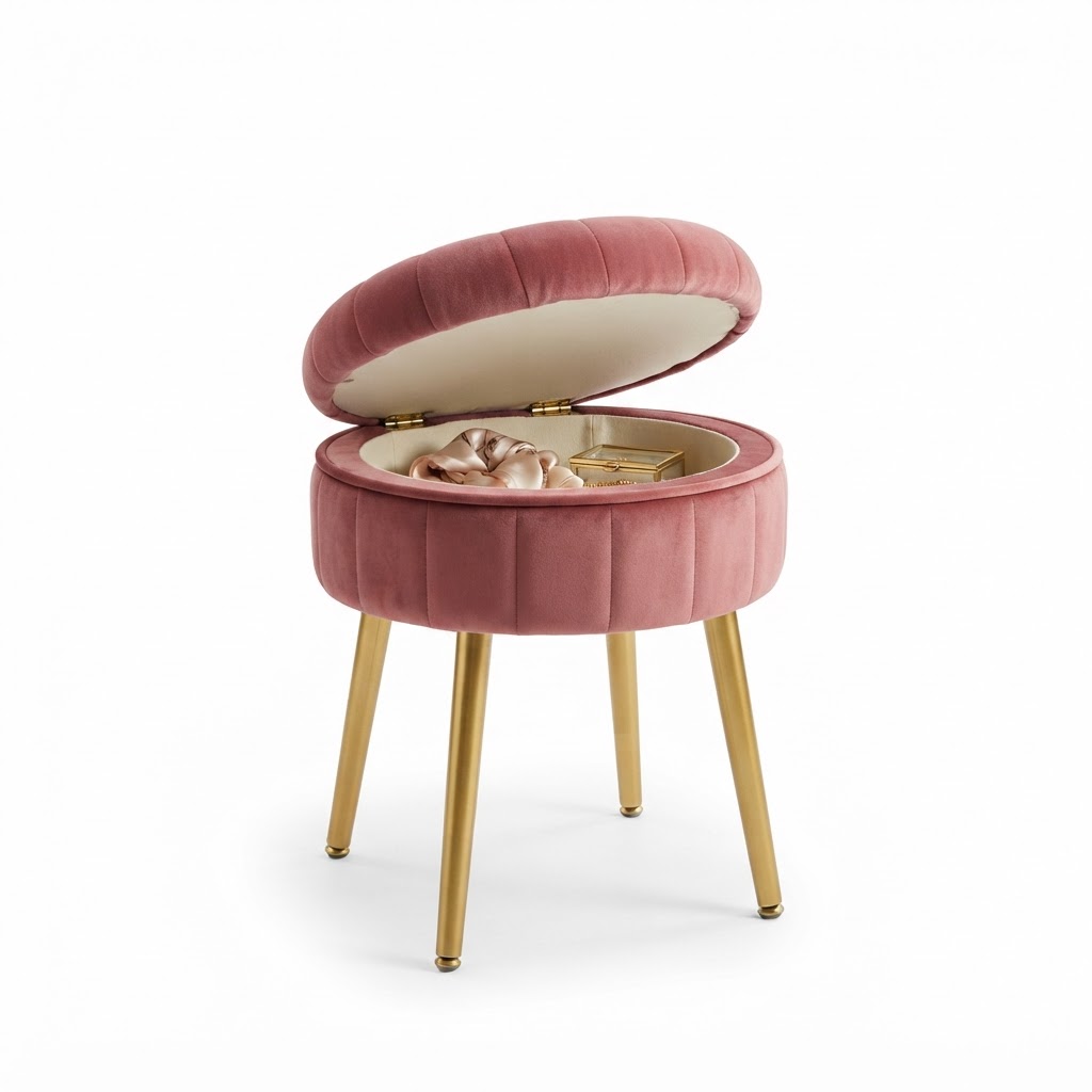 Velvet Upholstered Vanity Stool with Storage