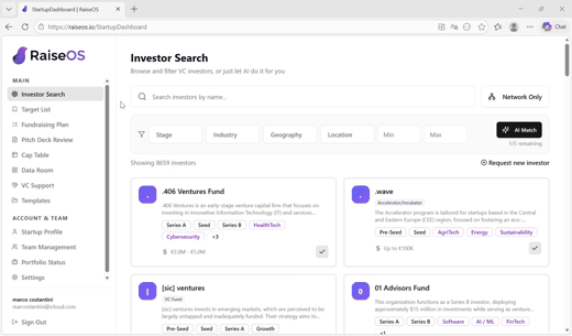 Investor Matchmaking dashboard