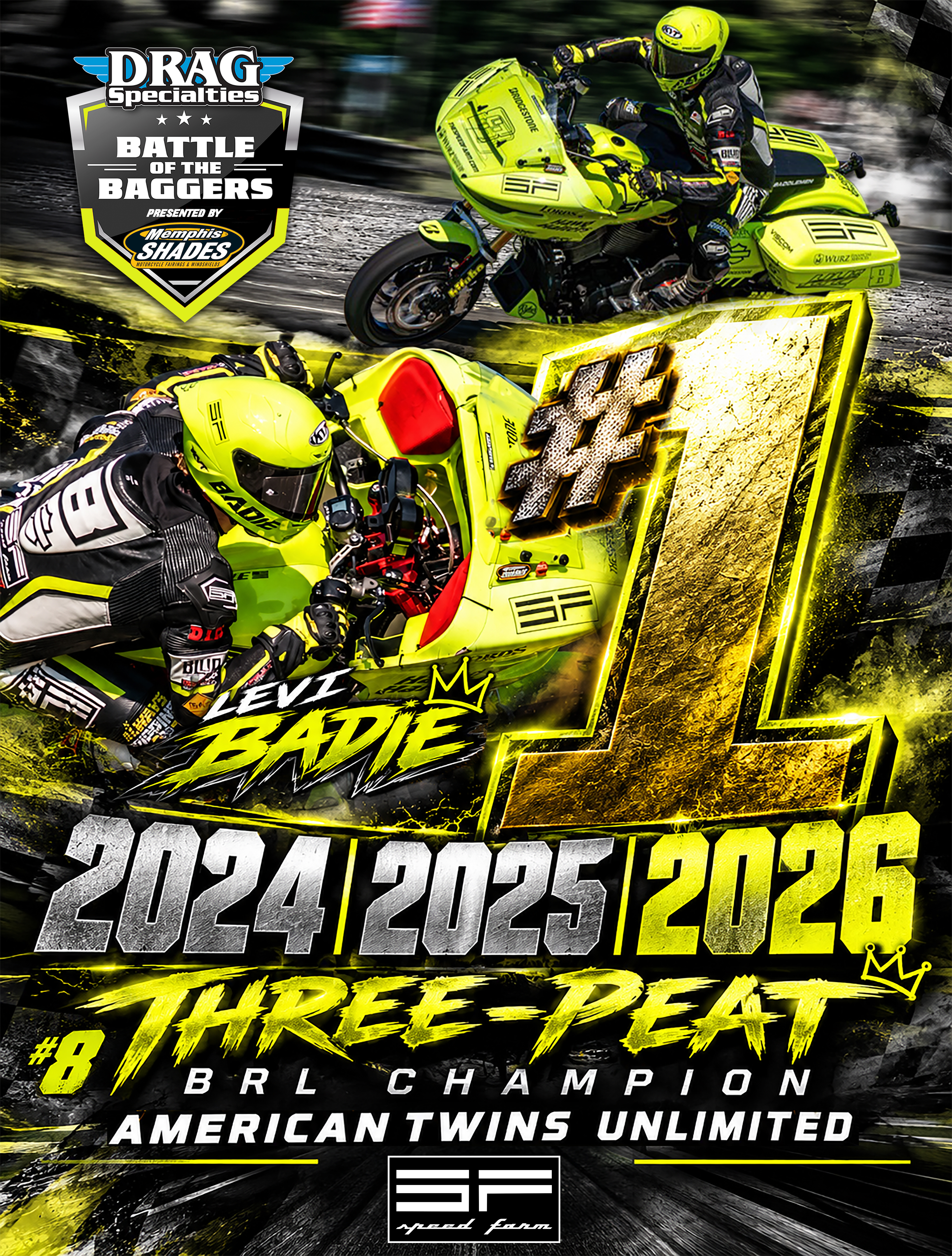 Levi Badie three-peat championship poster — 2024, 2025 and 2026 American Twins Unlimited champion