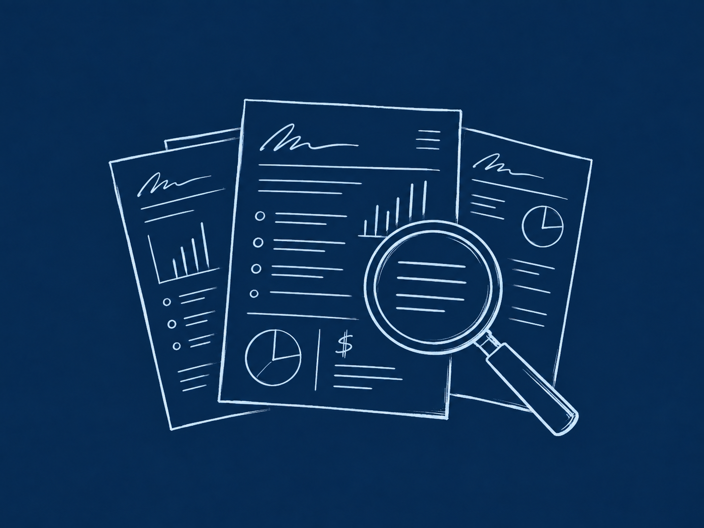 Editorial illustration of a stack of vendor-review documents examined through a magnifying glass on a deep navy background.