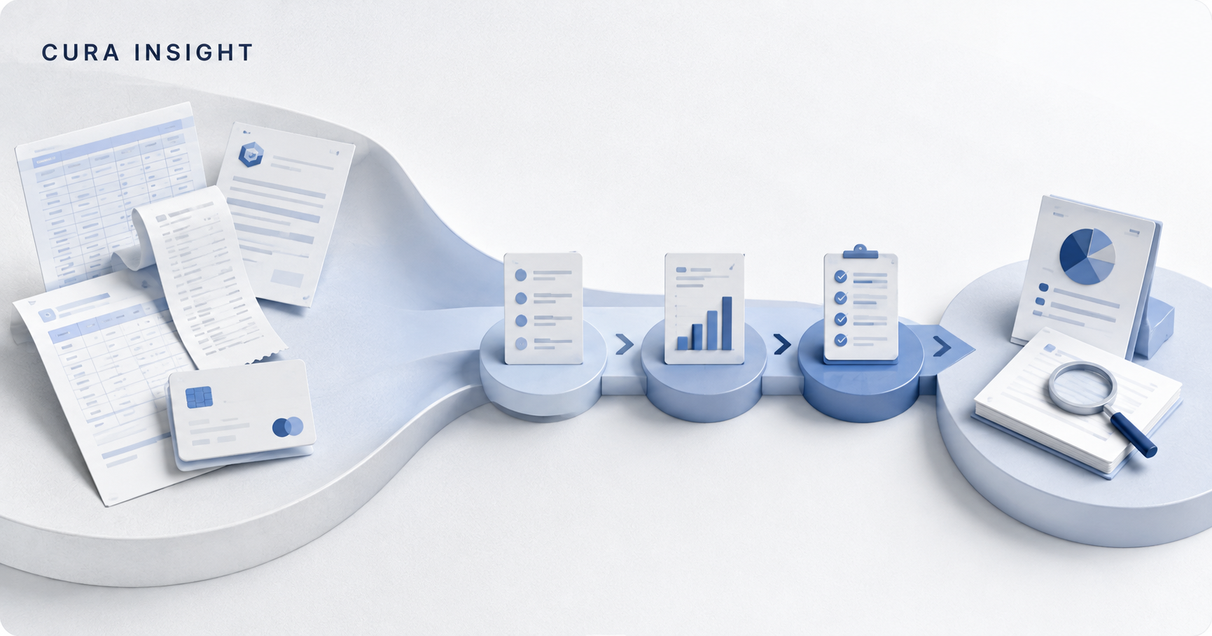 Editorial illustration showing vendor-review source documents flowing through a narrowing three-stage analysis process into deeper review and insight.