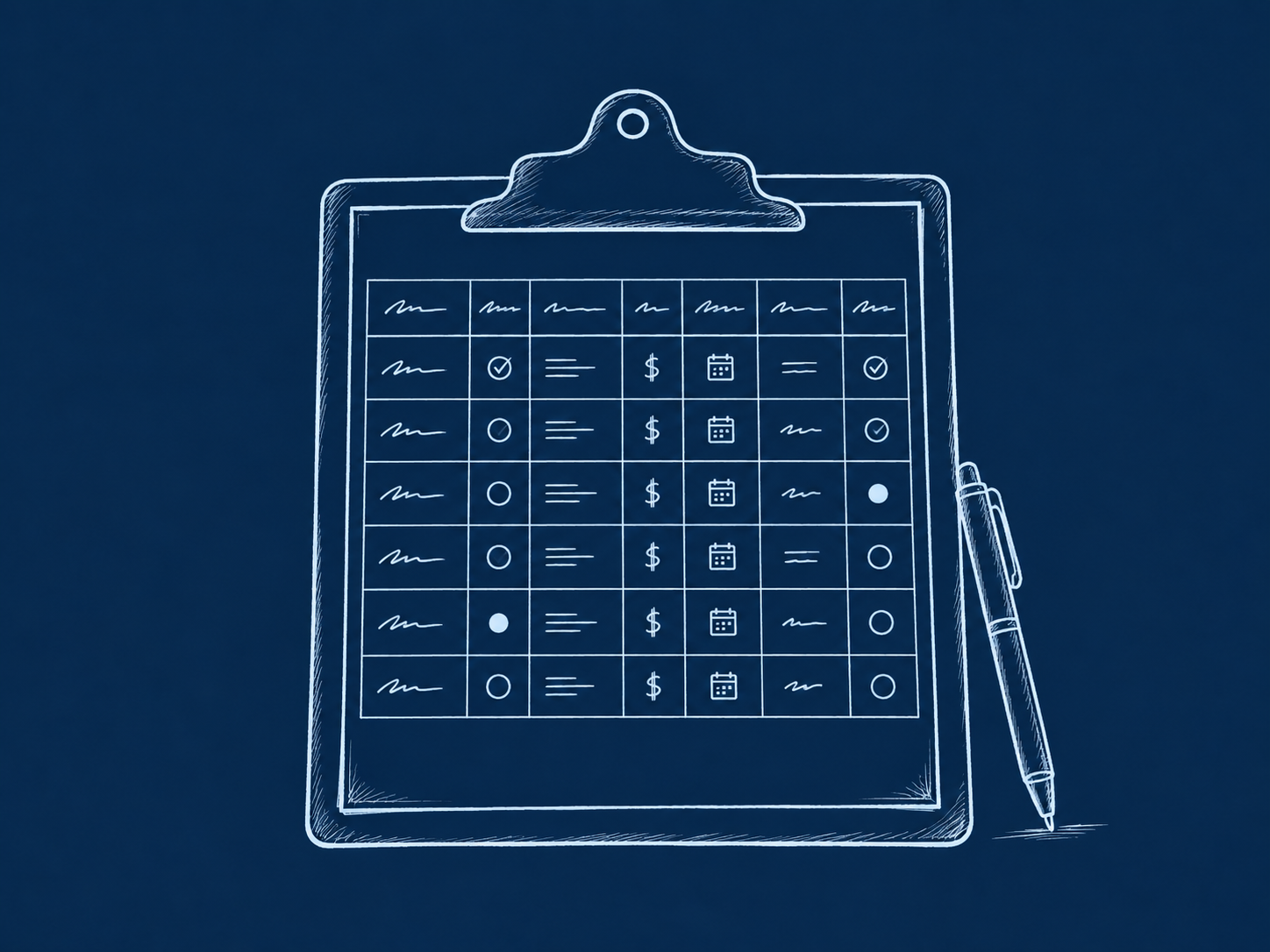 Hand-drawn editorial illustration of a clipboard vendor tracker with a grid table and a pen on a deep navy background.