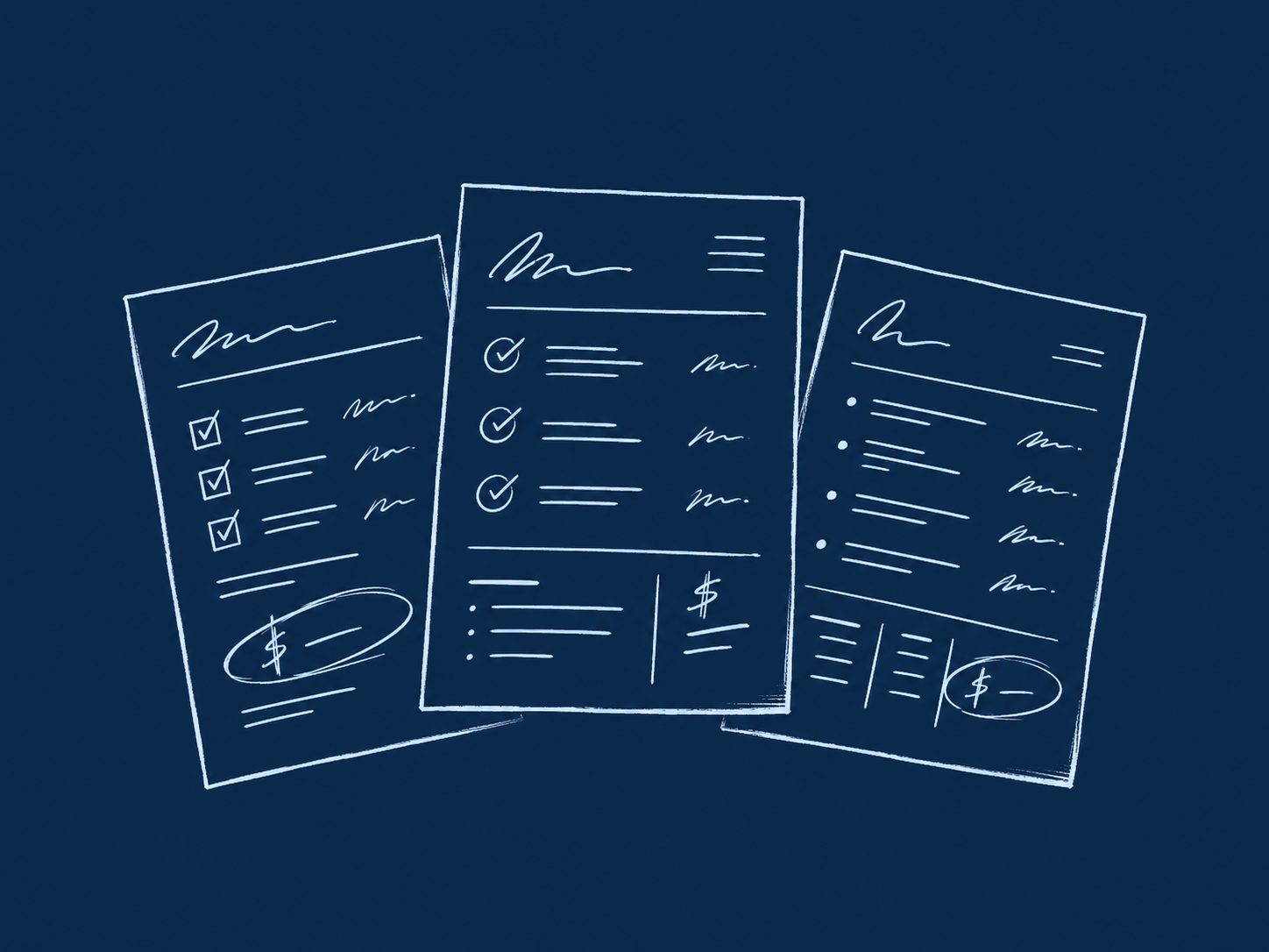 Sketch-style editorial illustration of three overlapping vendor proposal documents on a deep navy background, each with checkboxes, line items, and cost indicators.