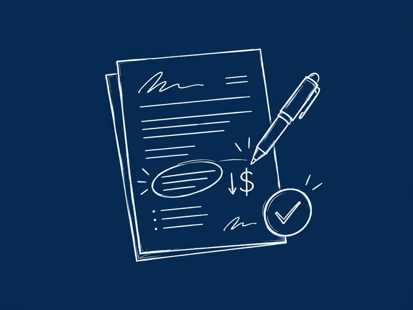 Hand-drawn editorial illustration of an annotated vendor-agreement document with a pen, circled text, a downward dollar arrow, and a check symbol on a deep navy background.