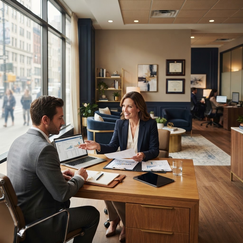 Financial advisor meeting with a client in a modern financial-services branch office