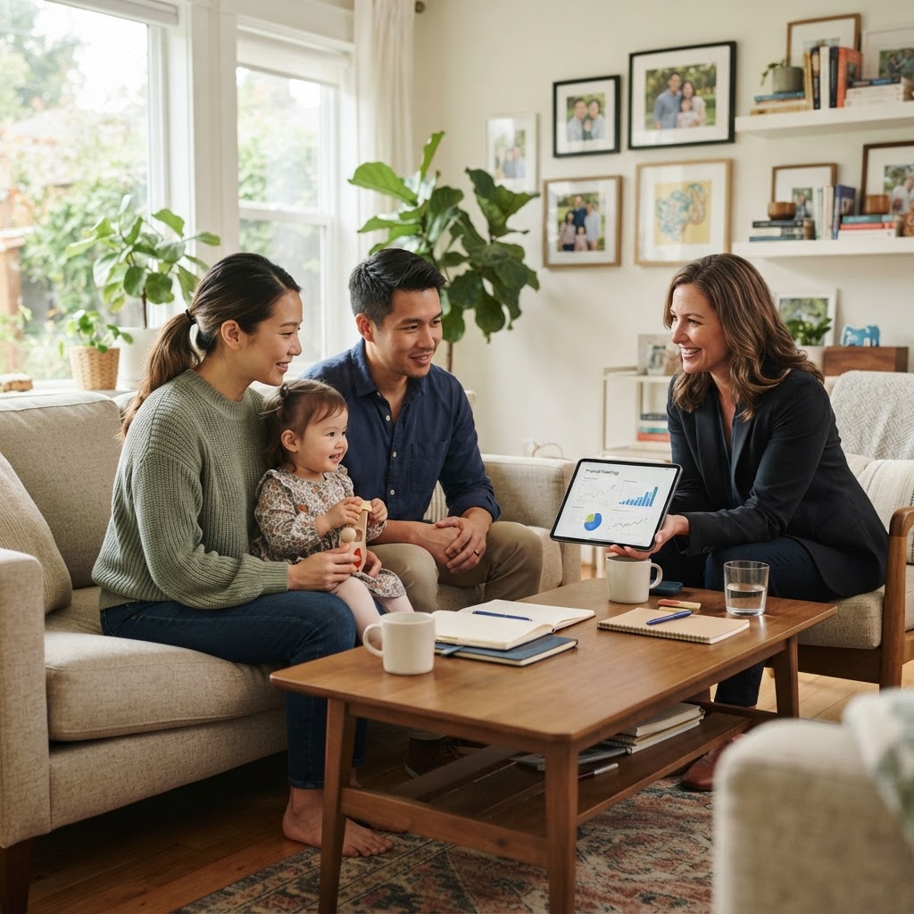 A young Asian family meeting with their insurance professional at home