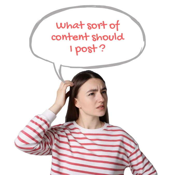 Woman in a striped shirt looking thoughtful with a speech bubble reading "What sort of content should I post?"