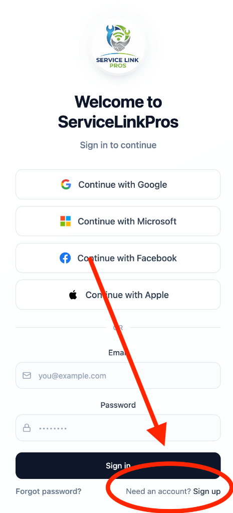 Login page — click 'Sign up' at the bottom to create your account