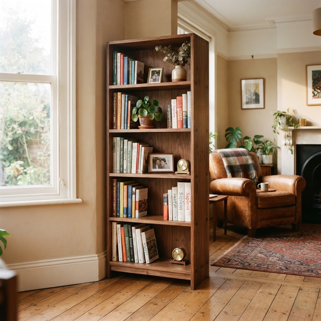 Finished DIY wooden bookshelf in a living room