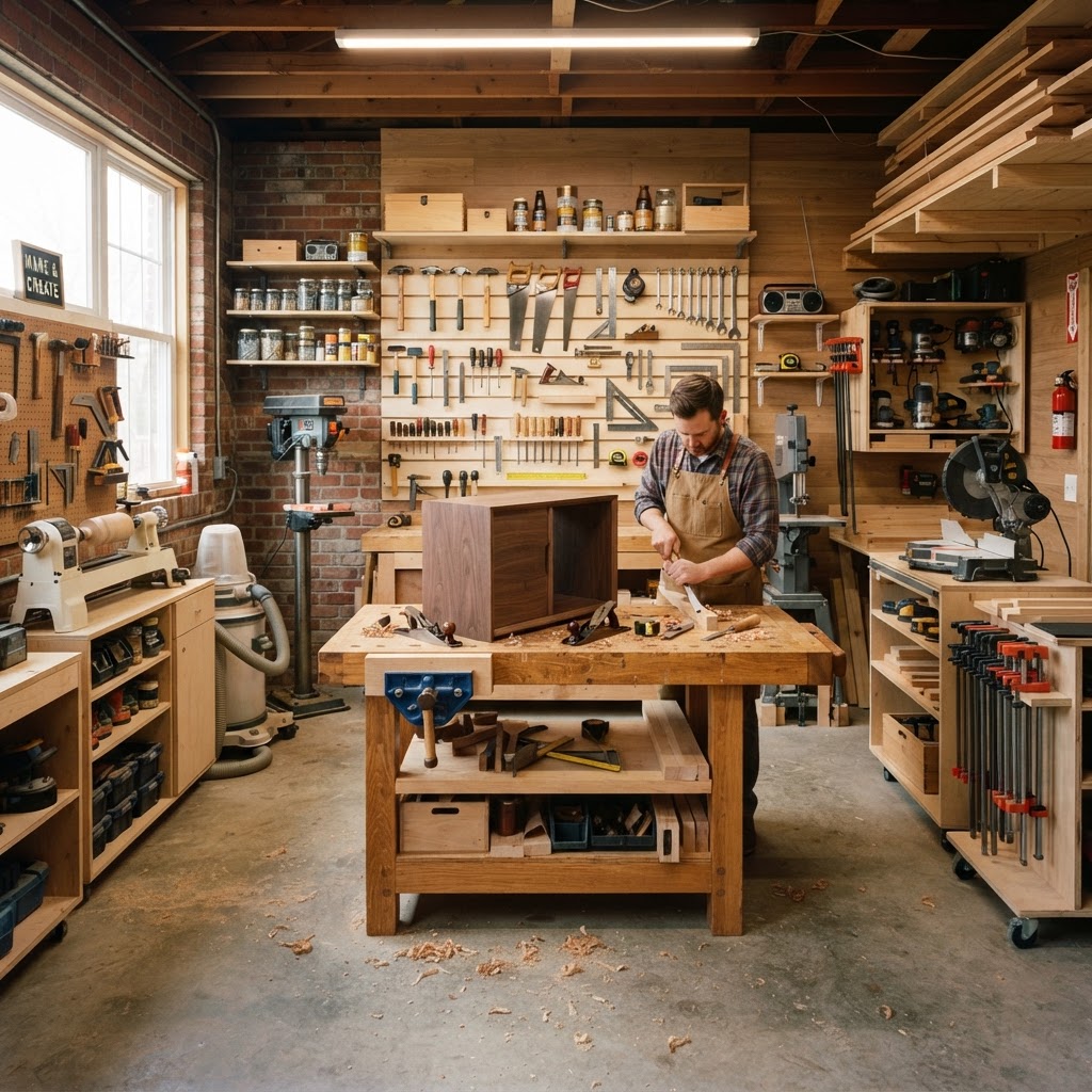Organized DIY woodworking workshop with tools