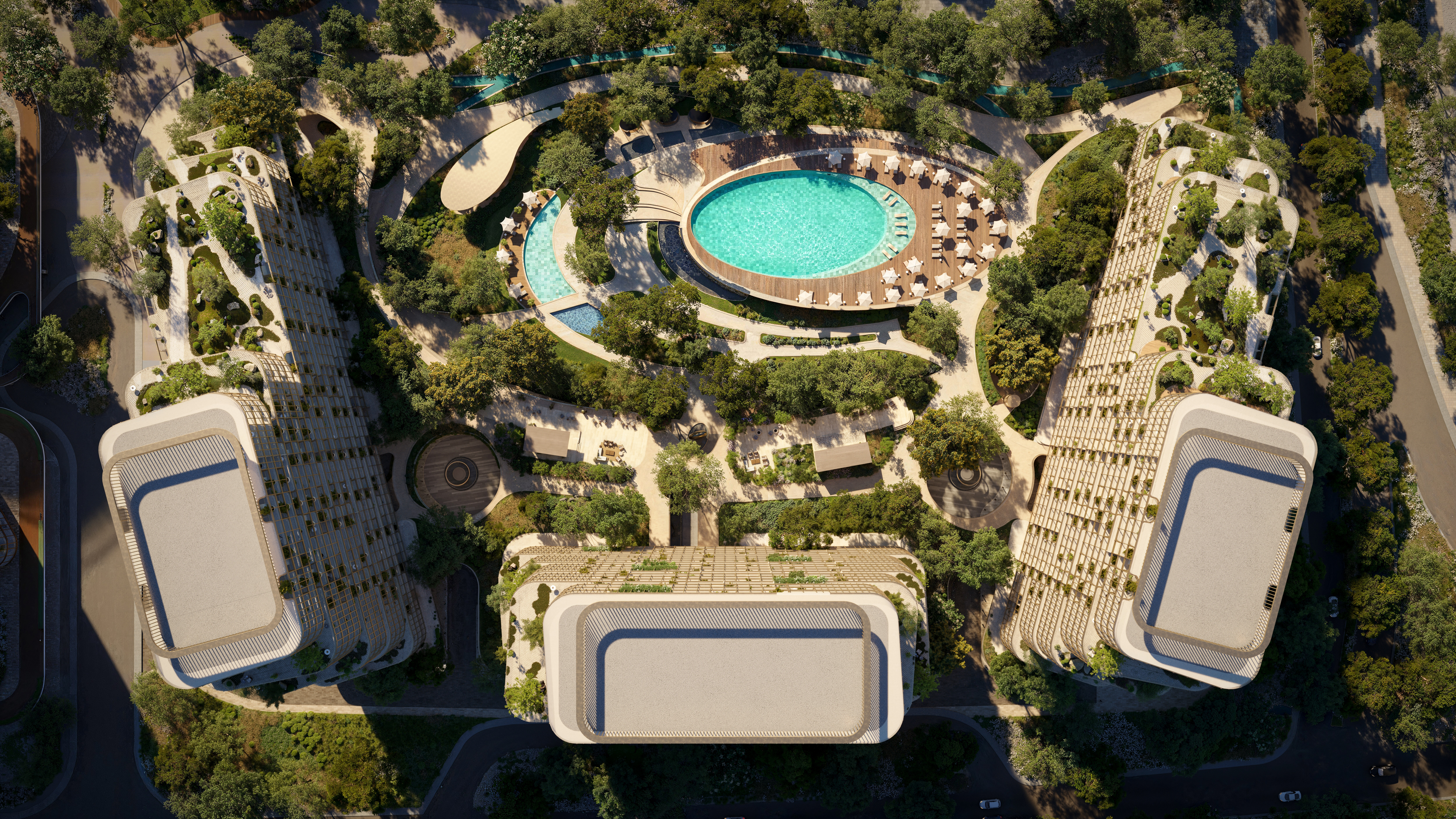 Aerial view of the Dubai Islands residences at dusk