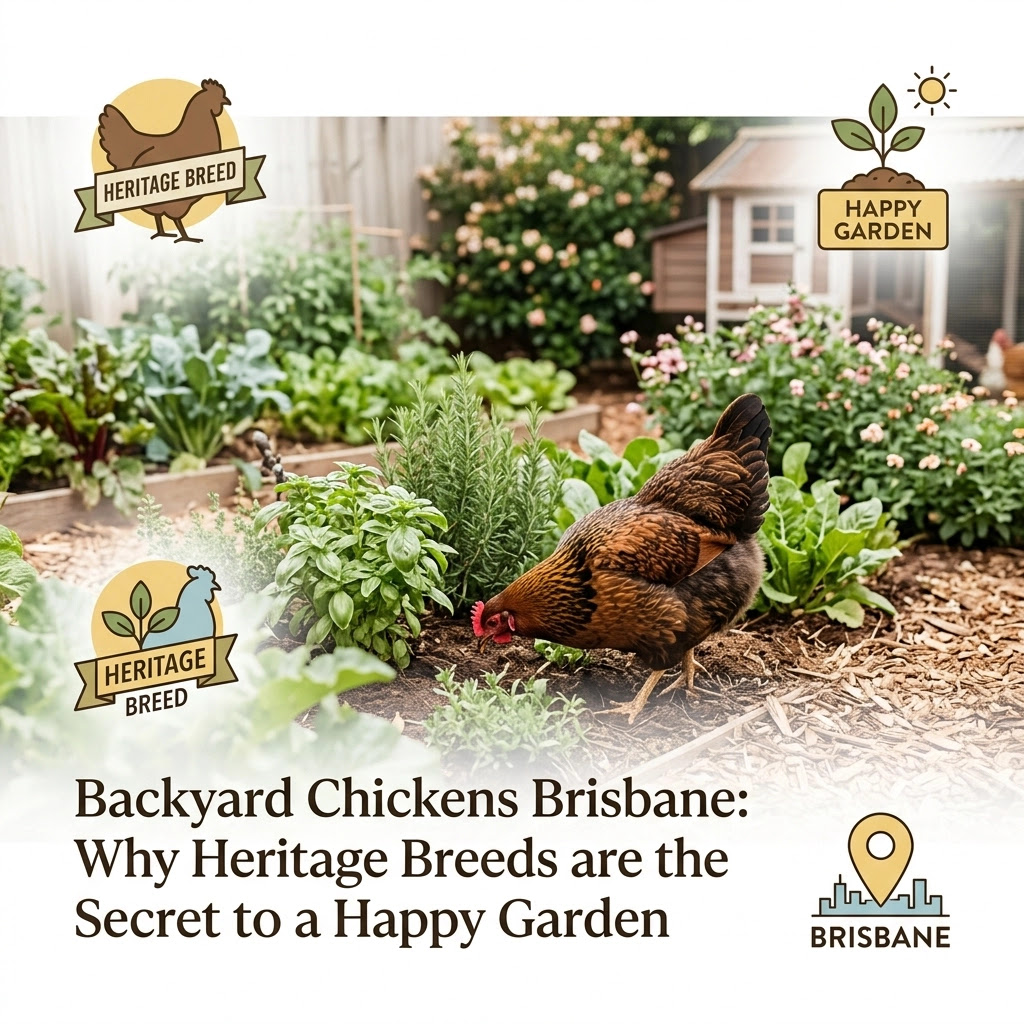 Backyard Chickens Brisbane heritage breeds happy garden — hen foraging in a lush vegetable garden in Samford Valley