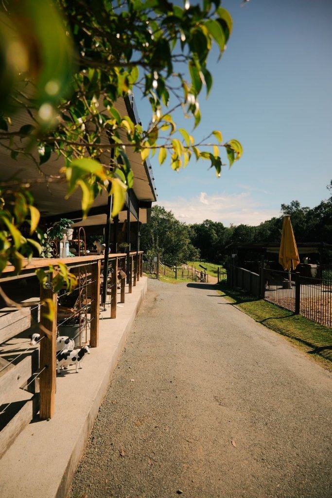 The verandah at City Chicks farm cafe looking down the drive to the paddocks, Samford Valley near Mt Glorious Brisbane