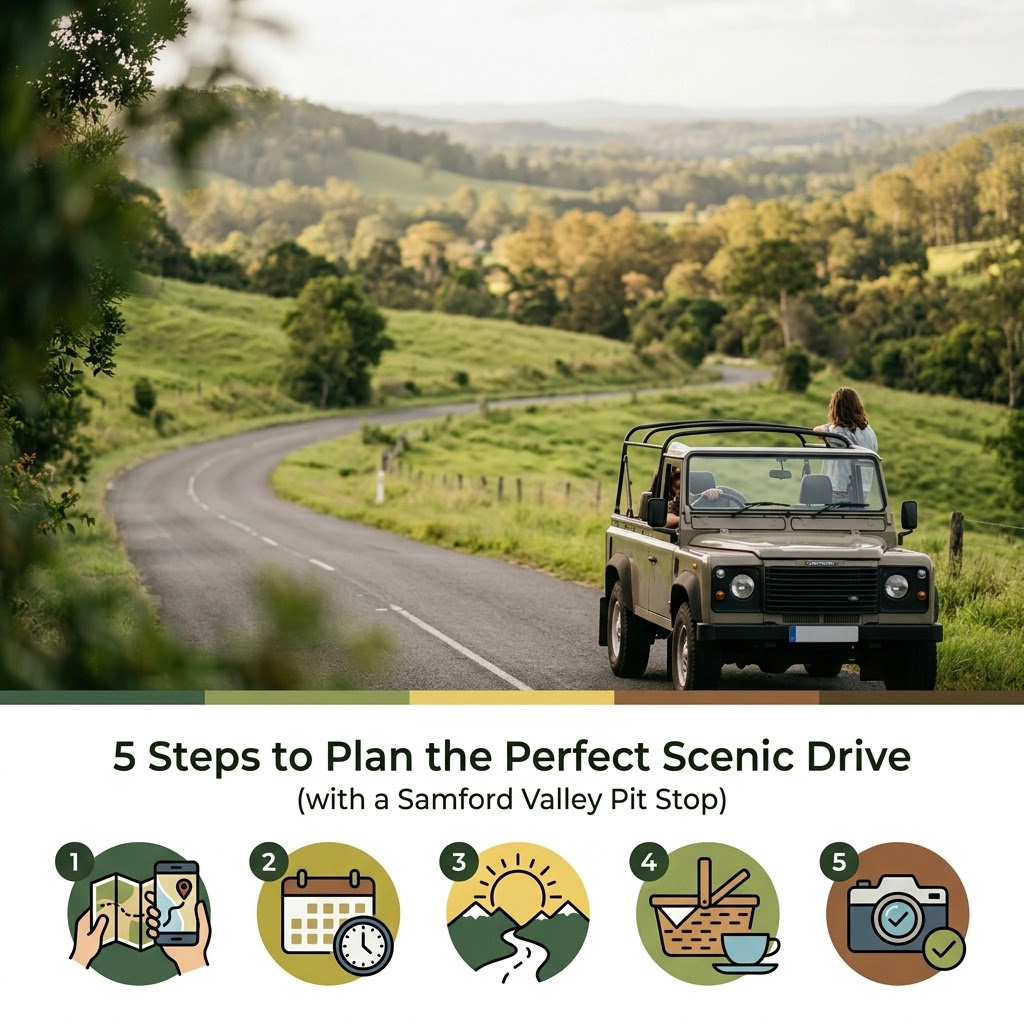 5 Steps to Plan the Perfect Scenic Drive infographic with vintage 4WD on Samford Valley road near Mt Glorious