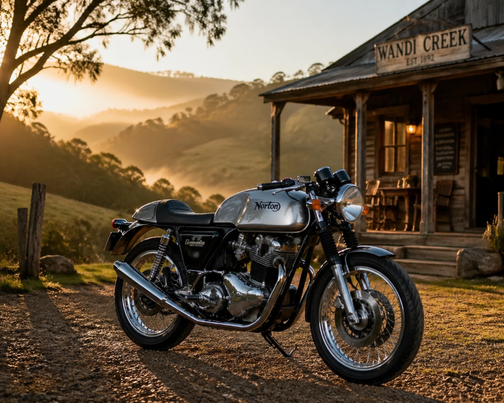 Vintage Norton motorcycle parked outside a rustic Samford Valley cafe at sunrise — perfect Mt Glorious scenic drive pit stop