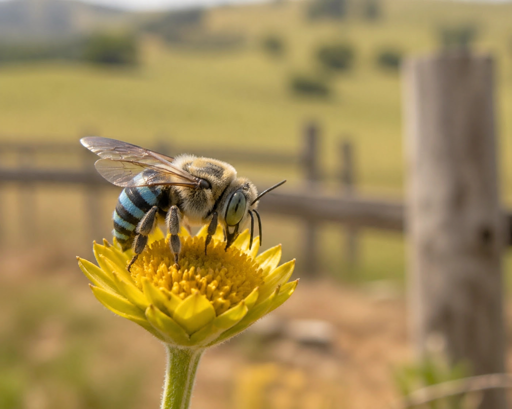 Native blue-banded bee on a yellow wildflower at our farm cafe Brisbane — Samford Valley wildlife