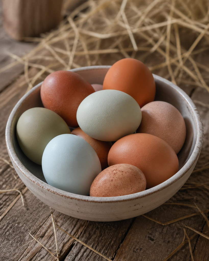 Colourful blue, green and brown heritage chicken eggs in a rustic bowl at City Chicks Samford Valley