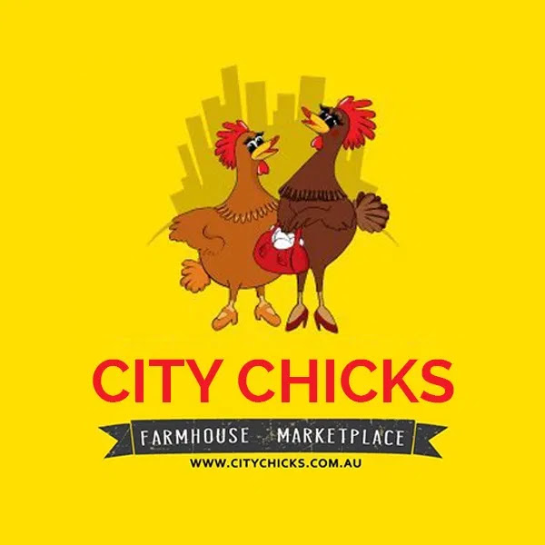 City Chicks Farmhouse Marketplace logo with two cartoon heritage chickens on a yellow background