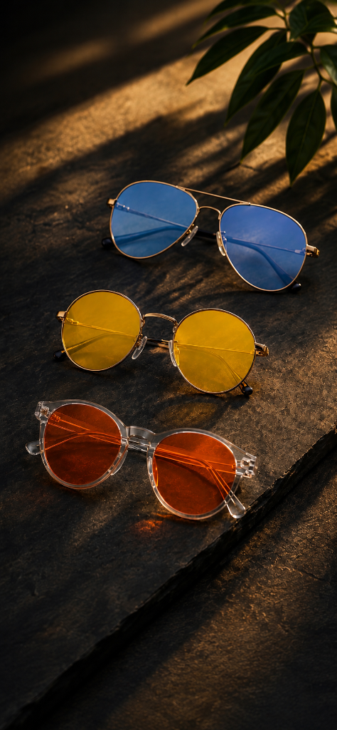 RA Optics circadian glasses arranged on stone