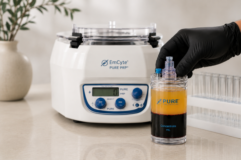 PURE closed-system centrifuge with separated platelet-rich plasma