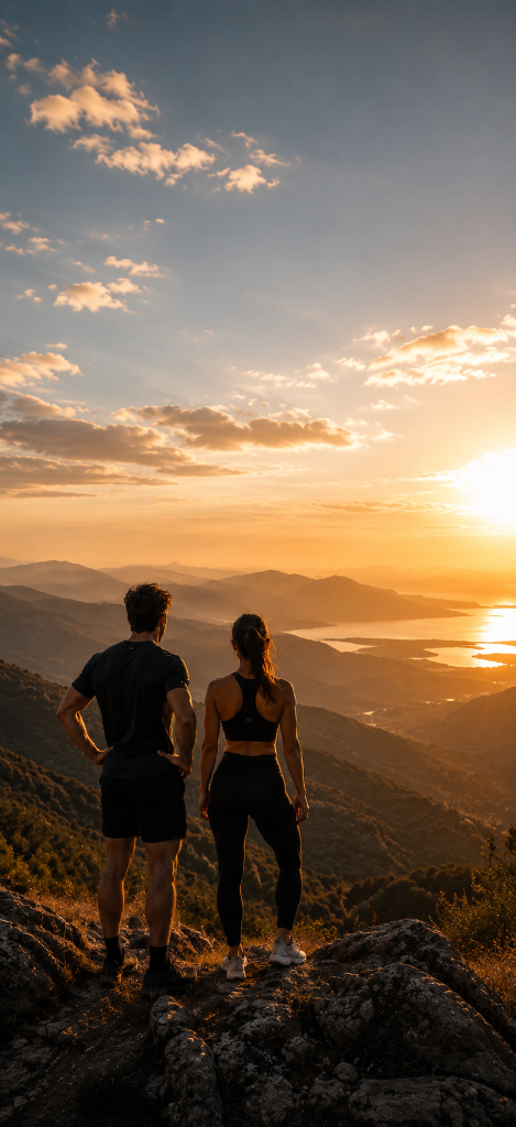 Two athletes on a mountain peak at golden hour