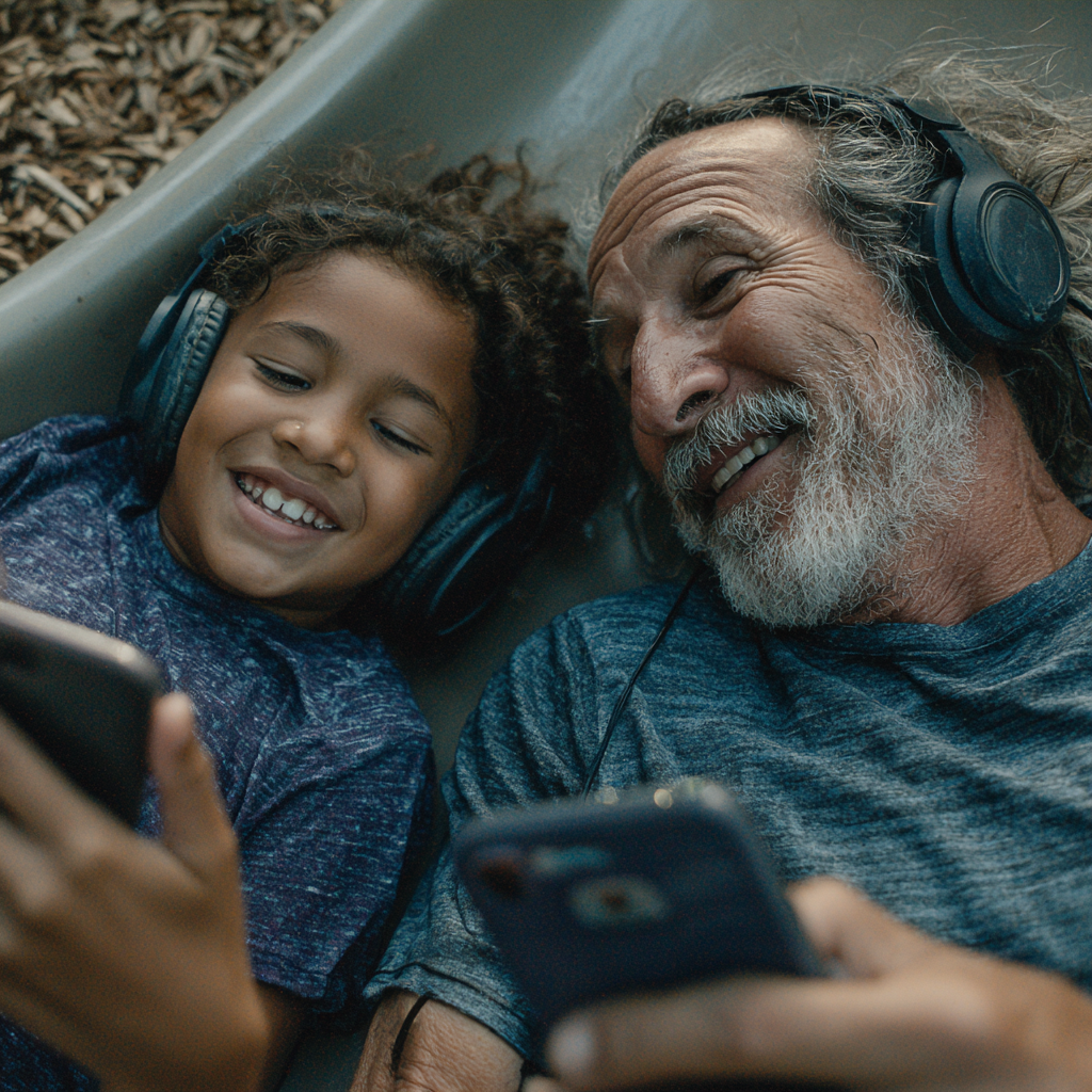 An older man and a young child sharing music together