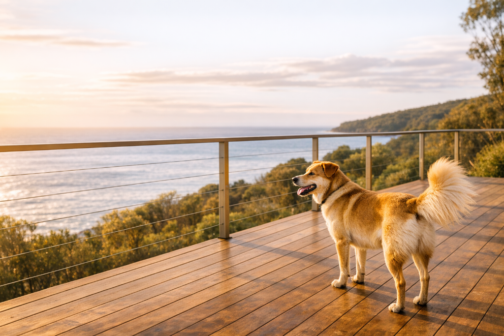 Happy dog on a sunny deck overlooking the ocean at a dog-friendly holiday home in Australia