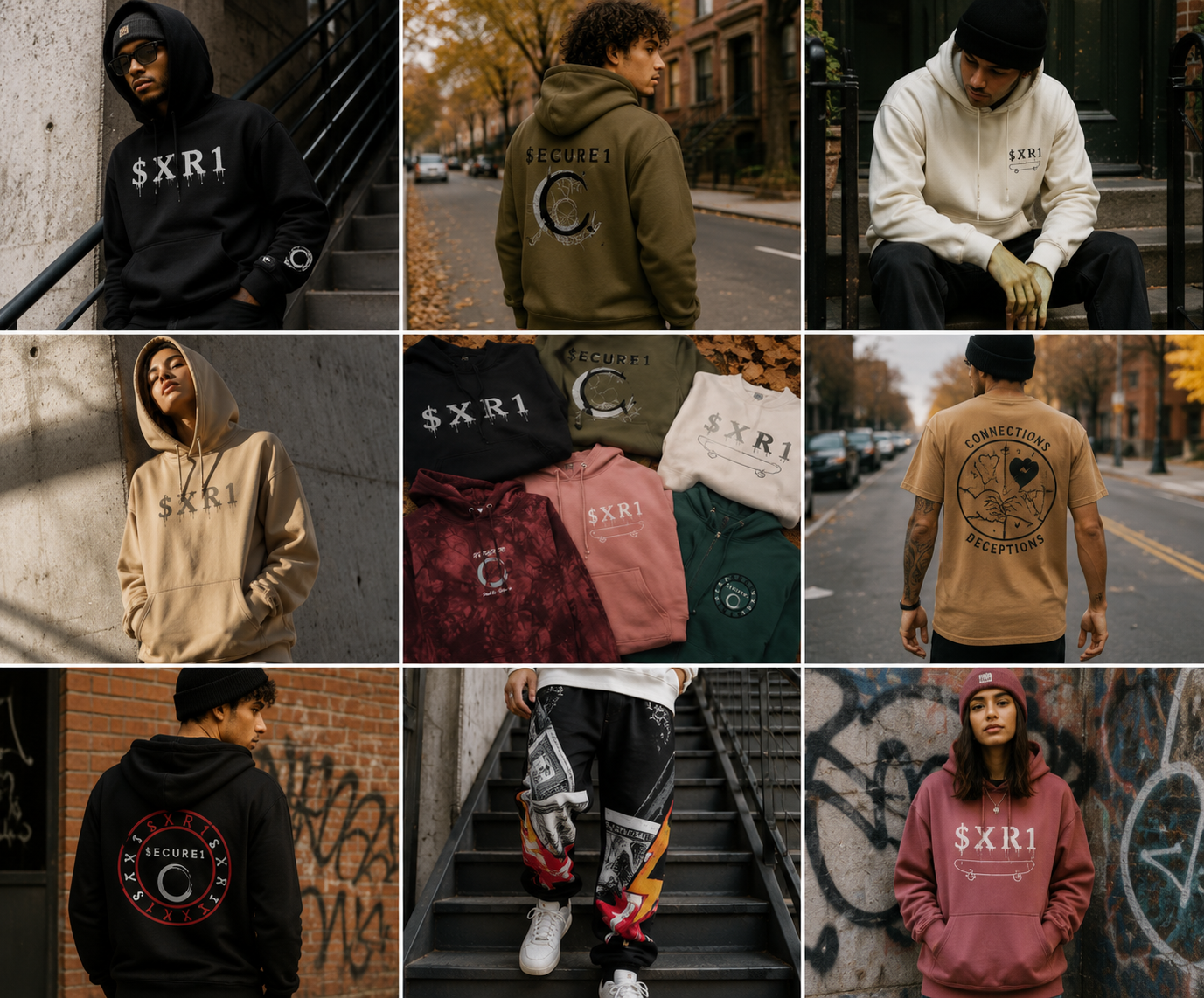 $ecure1 lookbook — hoodies, tees, and bottoms styled on the street