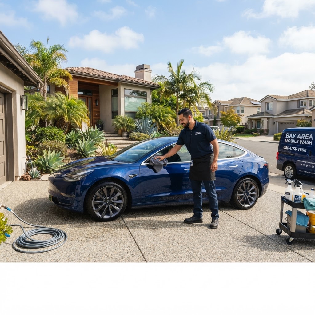 EcoWash Bay technician cleaning a car at a customer's home