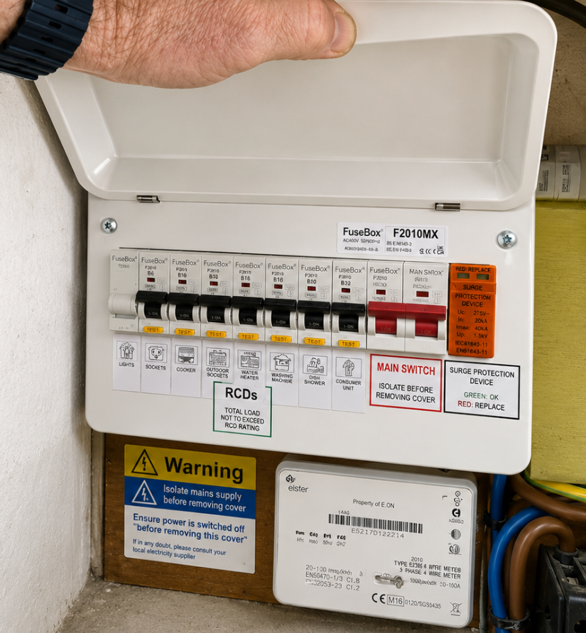 Domestic consumer unit with surge protection and circuit labelling