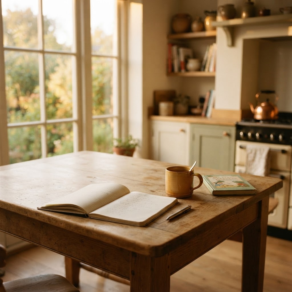Warm family kitchen table in evening light