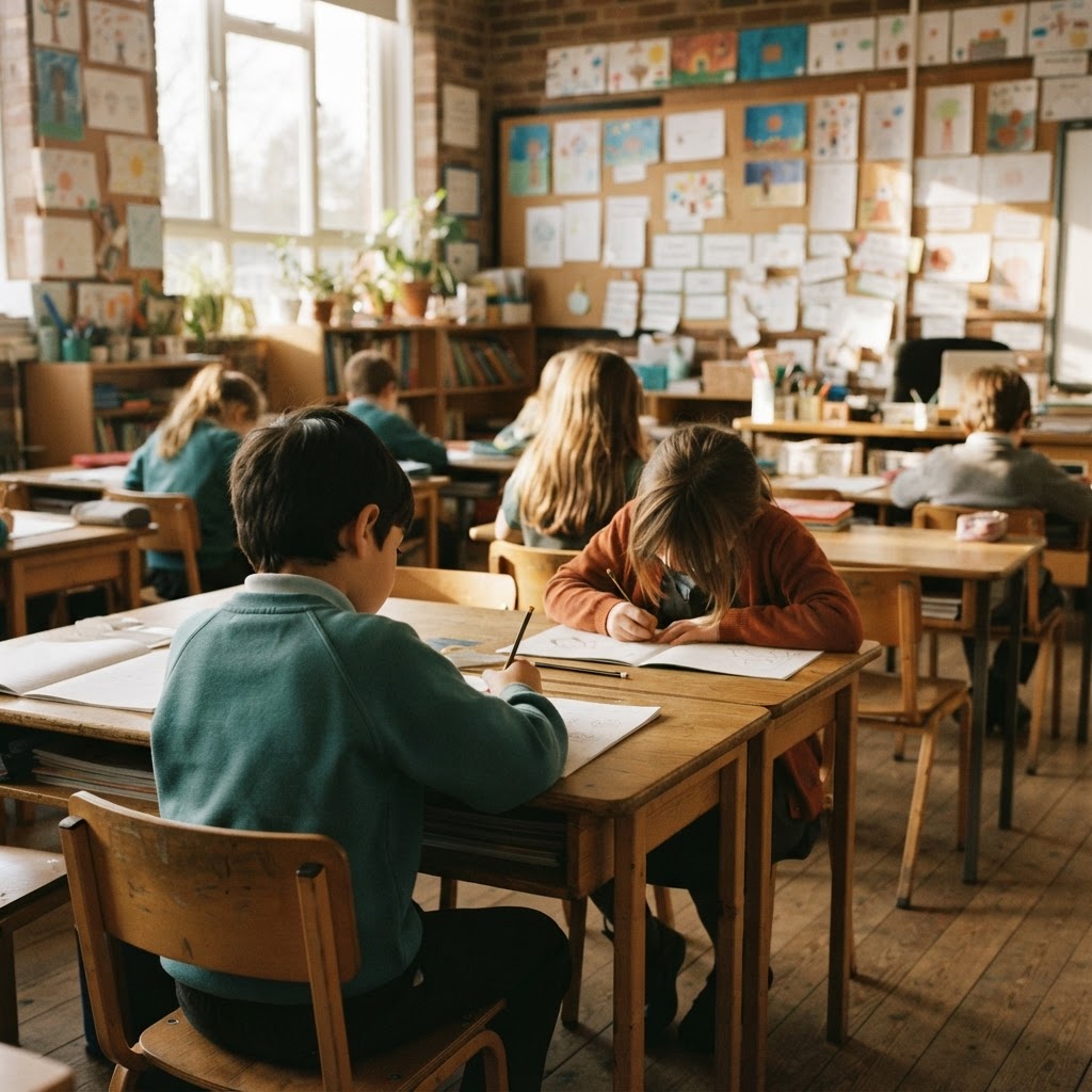 Pupils learning together in a bright classroom