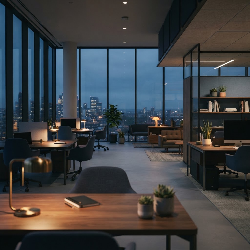 Calm modern office at dusk