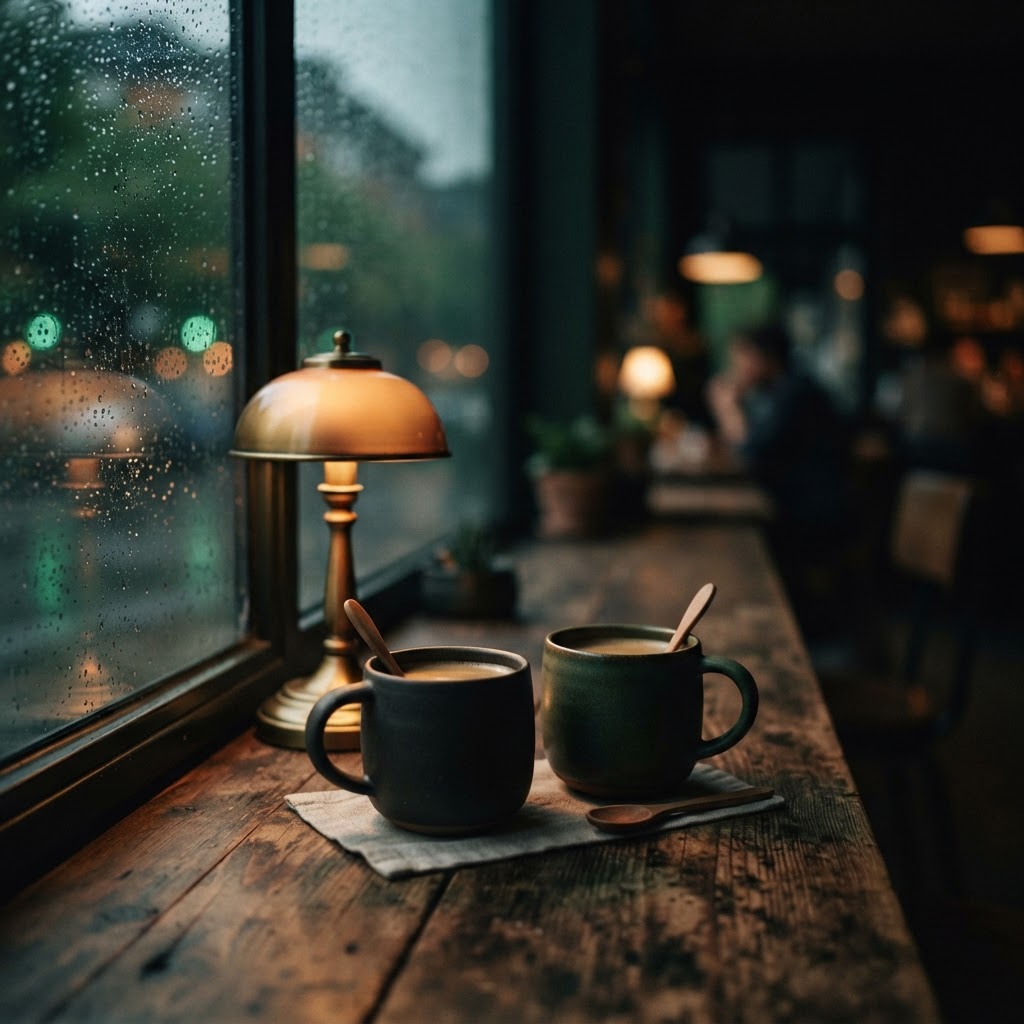 Two coffee cups on a café table by a rain-speckled window