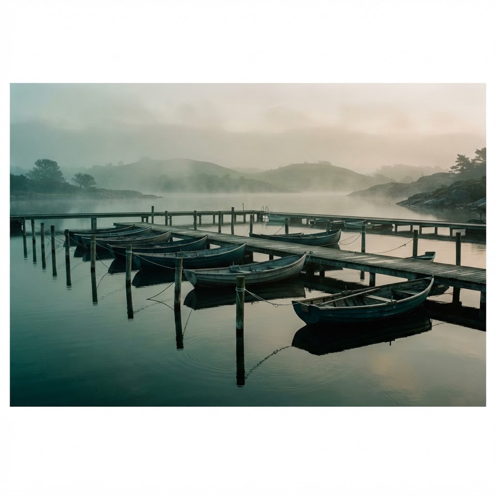 Misty boats tied to a wooden pier at dawn