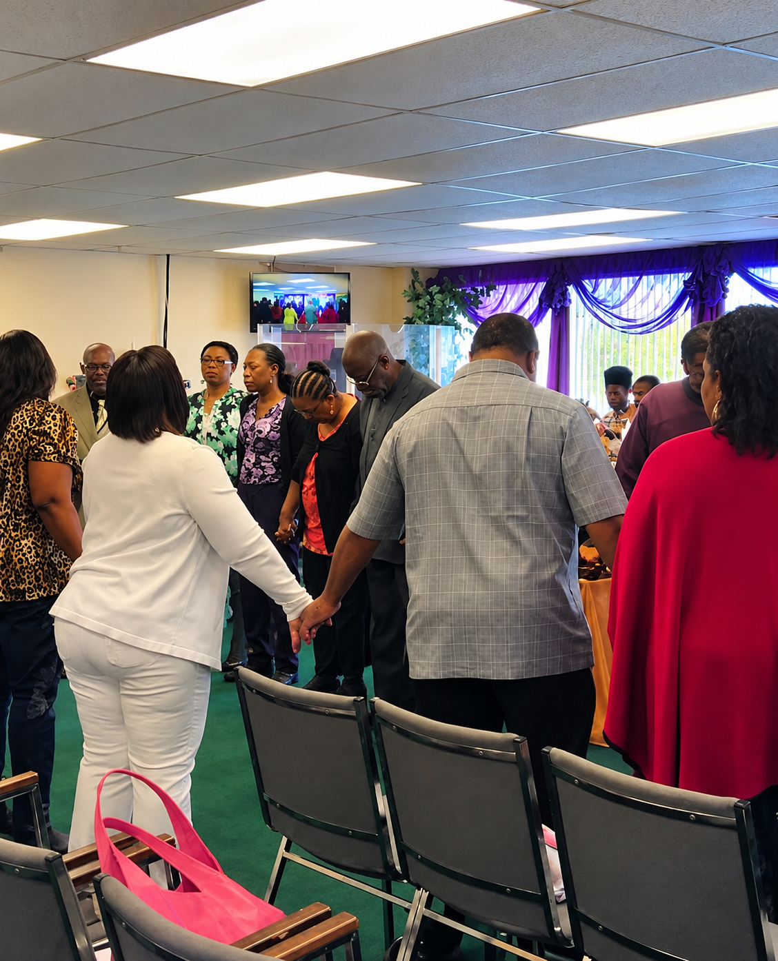 Church community joining hands in prayer