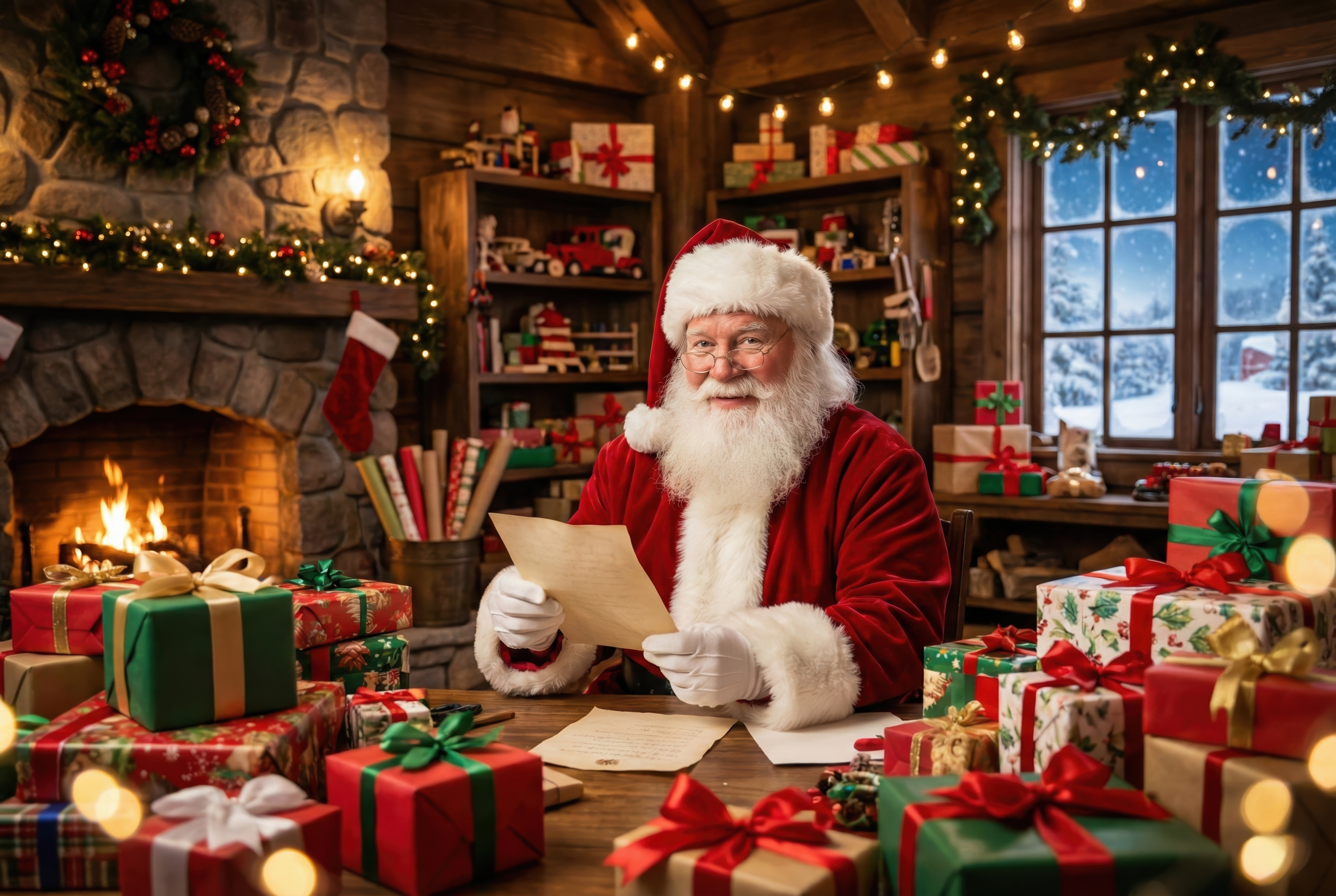 Santa Claus reading letters in his cozy workshop