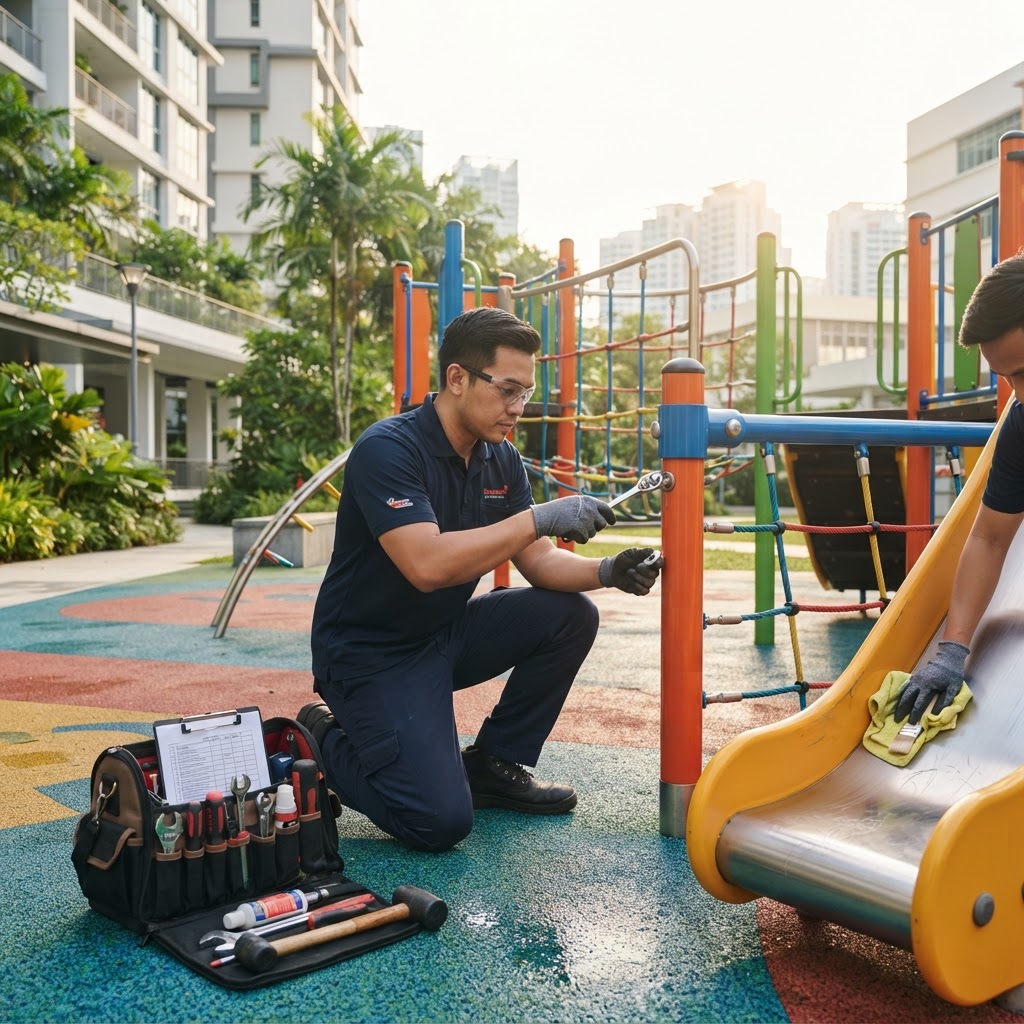 Playground maintenance technician inspecting and tightening safety hardware