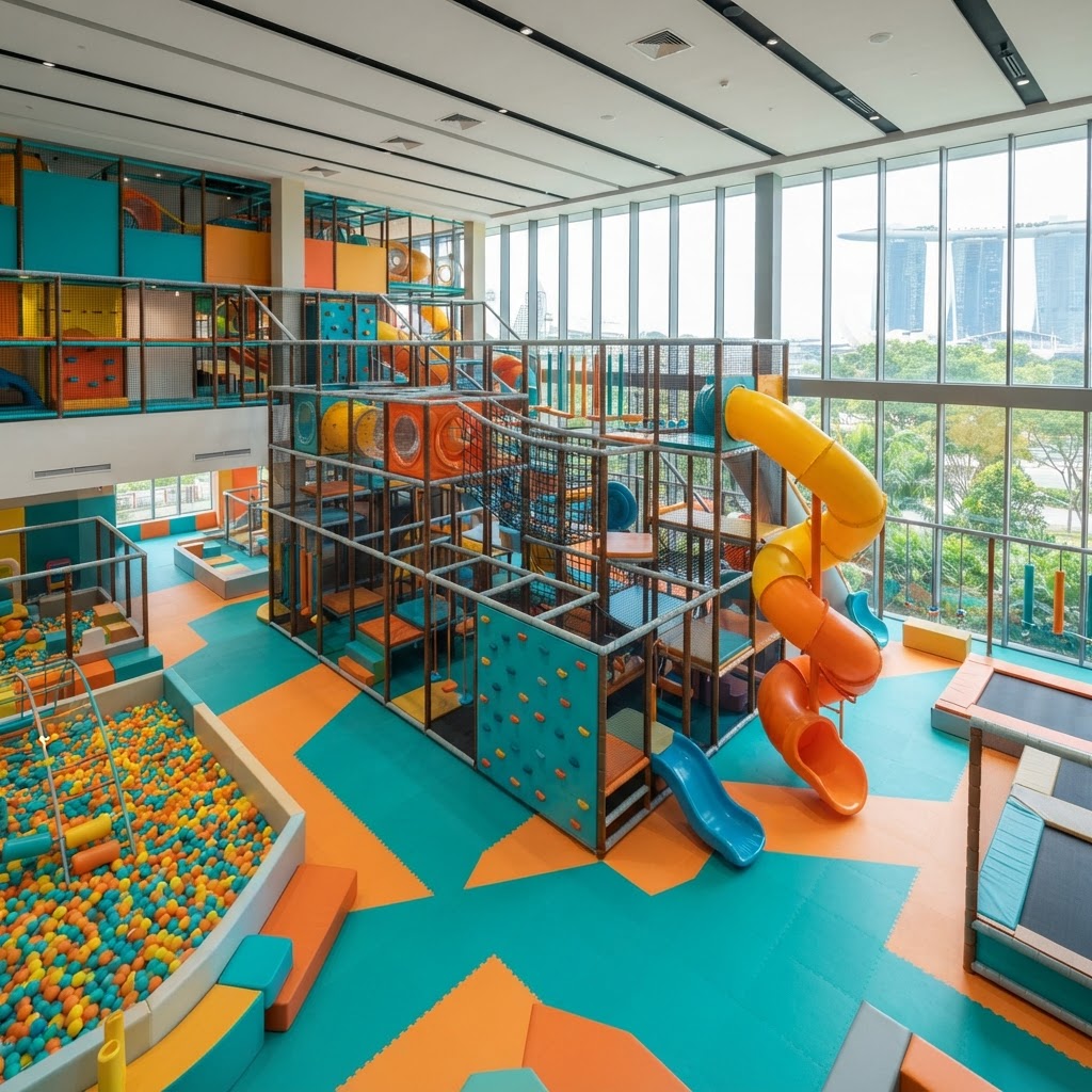Modern indoor playground in Singapore with colorful play structures