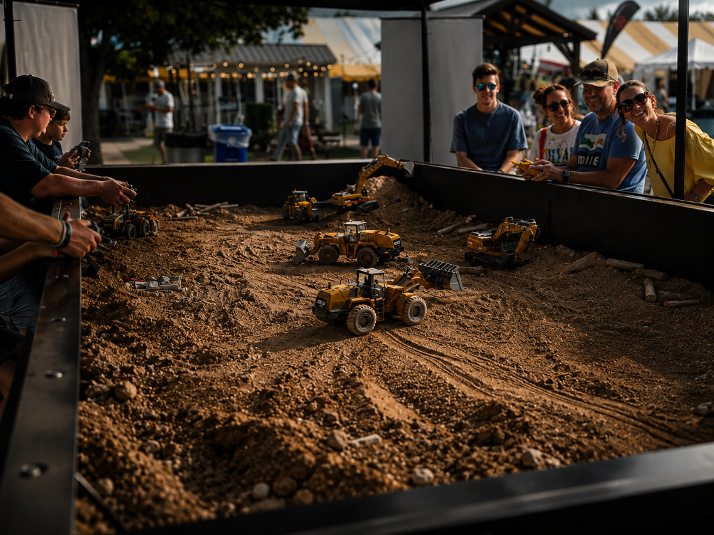 Guests operating RC construction vehicles in the DirtLab arena