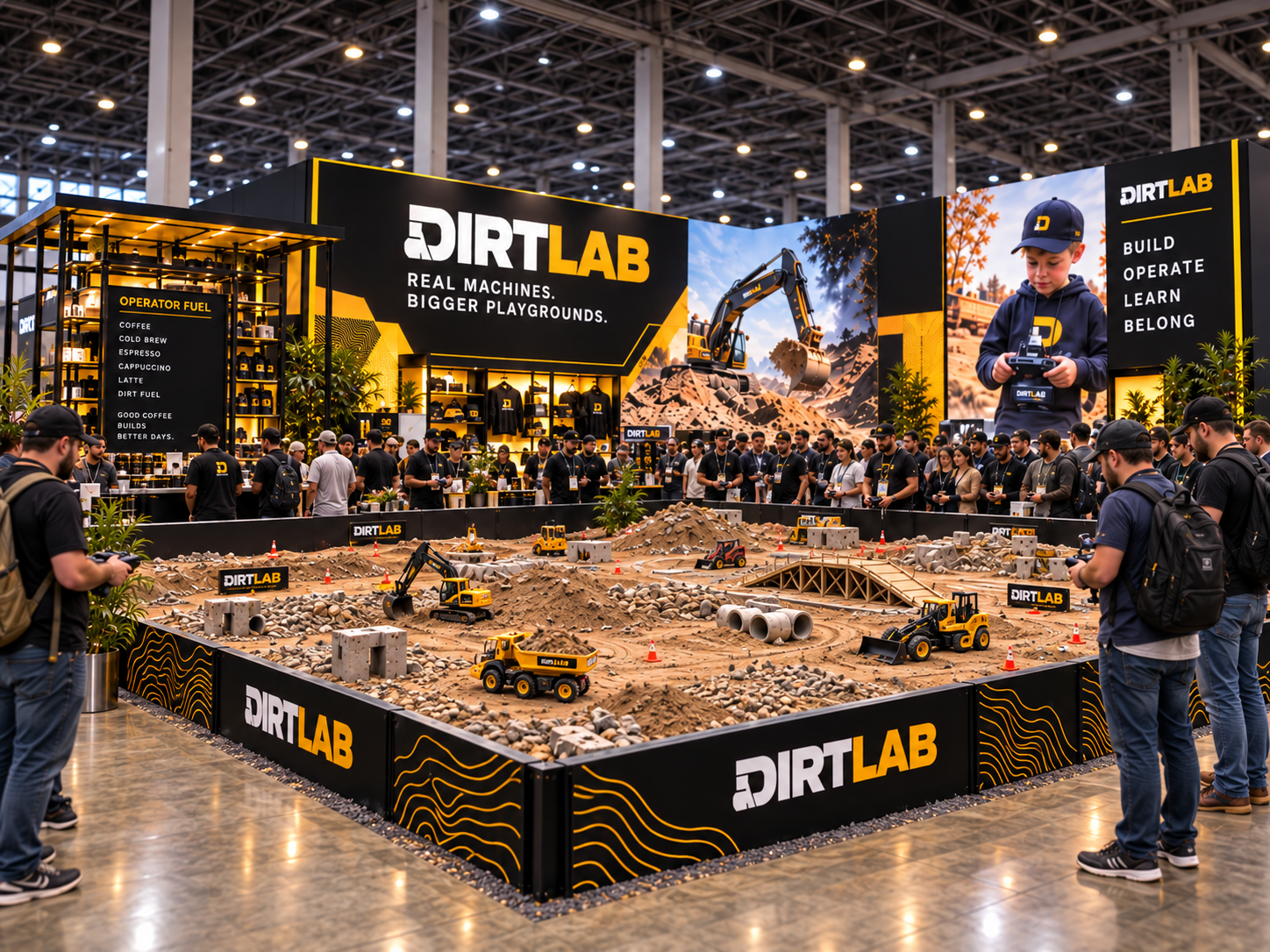 Wide view of the DirtLab branded trade show booth and RC construction arena