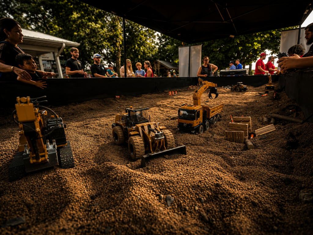 RC construction vehicles in action at an outdoor event
