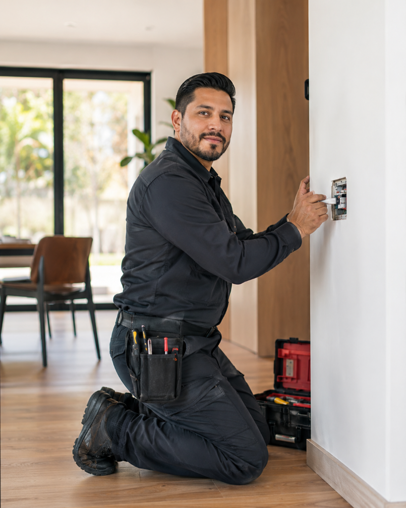 Profesional independiente realizando una revisión eléctrica en un hogar moderno.
