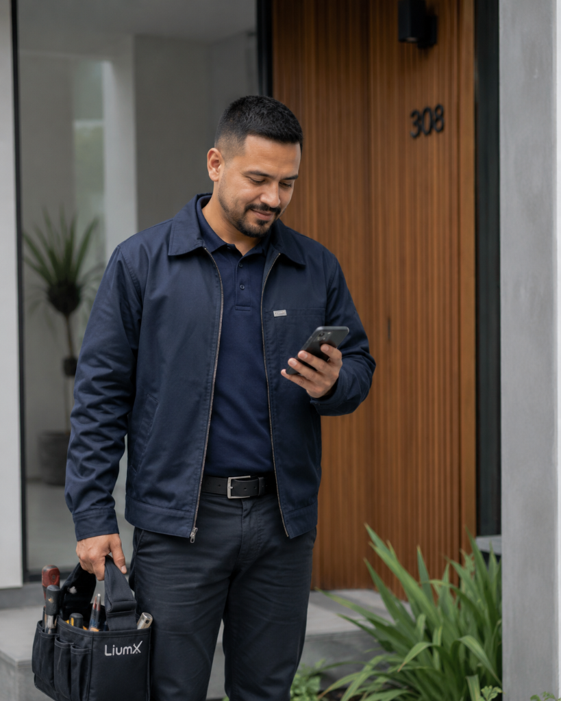 Profesional revisando su teléfono antes de iniciar una atención en terreno.