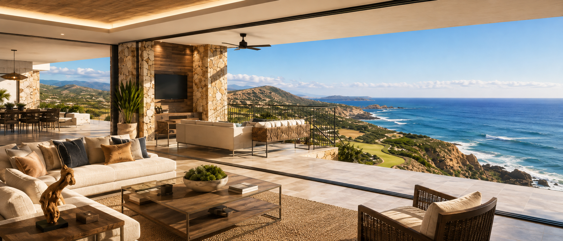 Luxury indoor-outdoor living space overlooking the Quivira coastline